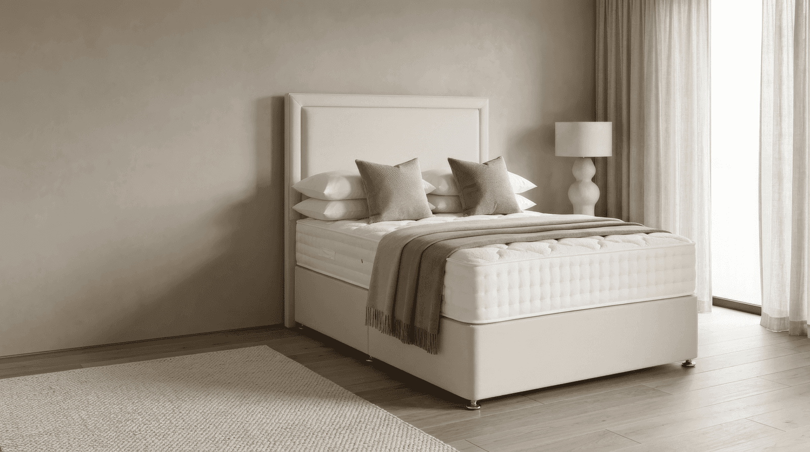 Cream upholstered divan bed with a matching headboard, dressed in soft neutral linens in a calm bedroom